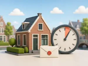 3D-illustratie van een woning met klok en verzegeld bod voor een biedtermijn