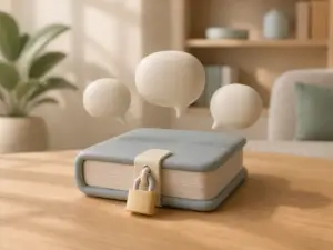 Zachte 3D-illustratie van een gesloten, abstract logboek met slotje en drie neutrale vraagbubbels, zonder tekst of gegevens.