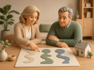 Zachte 3D-illustratie van een makelaar die drie abstracte procesroutes uitlegt aan een verkoper, naast een woningmaquette, zonder tekst.