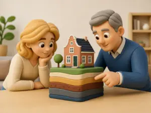 Zachte 3D-illustratie van een koper en een adviseur die naar abstracte gestapelde grondlagen onder een woningmaquette kijken, zonder tekst of adres.
