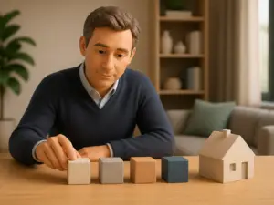 Zachte 3D-illustratie van een koper die naar vier neutrale abstracte kostenblokjes naast een woningmaquette kijkt, zonder cijfers of tekst.