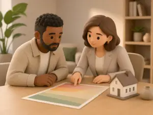 Koper en makelaar bekijken een abstracte energiekaart bij een huismodel.