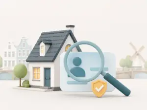 3D-illustratie van een huis, een identiteitskaart en een vergrootglas met controlemarkering